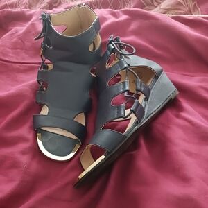 Navy Blue Lace-Up Cutout Wedge Sandals